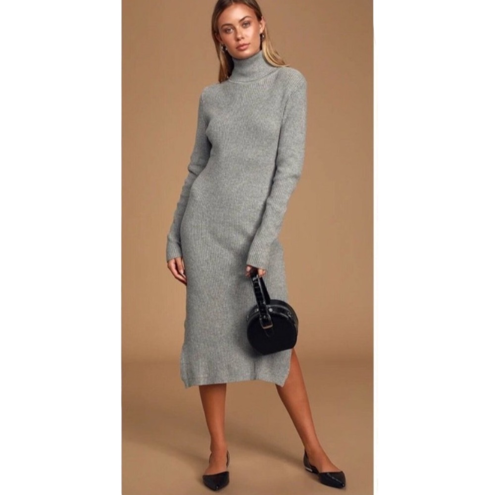 Lulus NWT Sheerah Turtleneck Heather Grey Midi Knit Sweater Dress - Picture 3 of 16